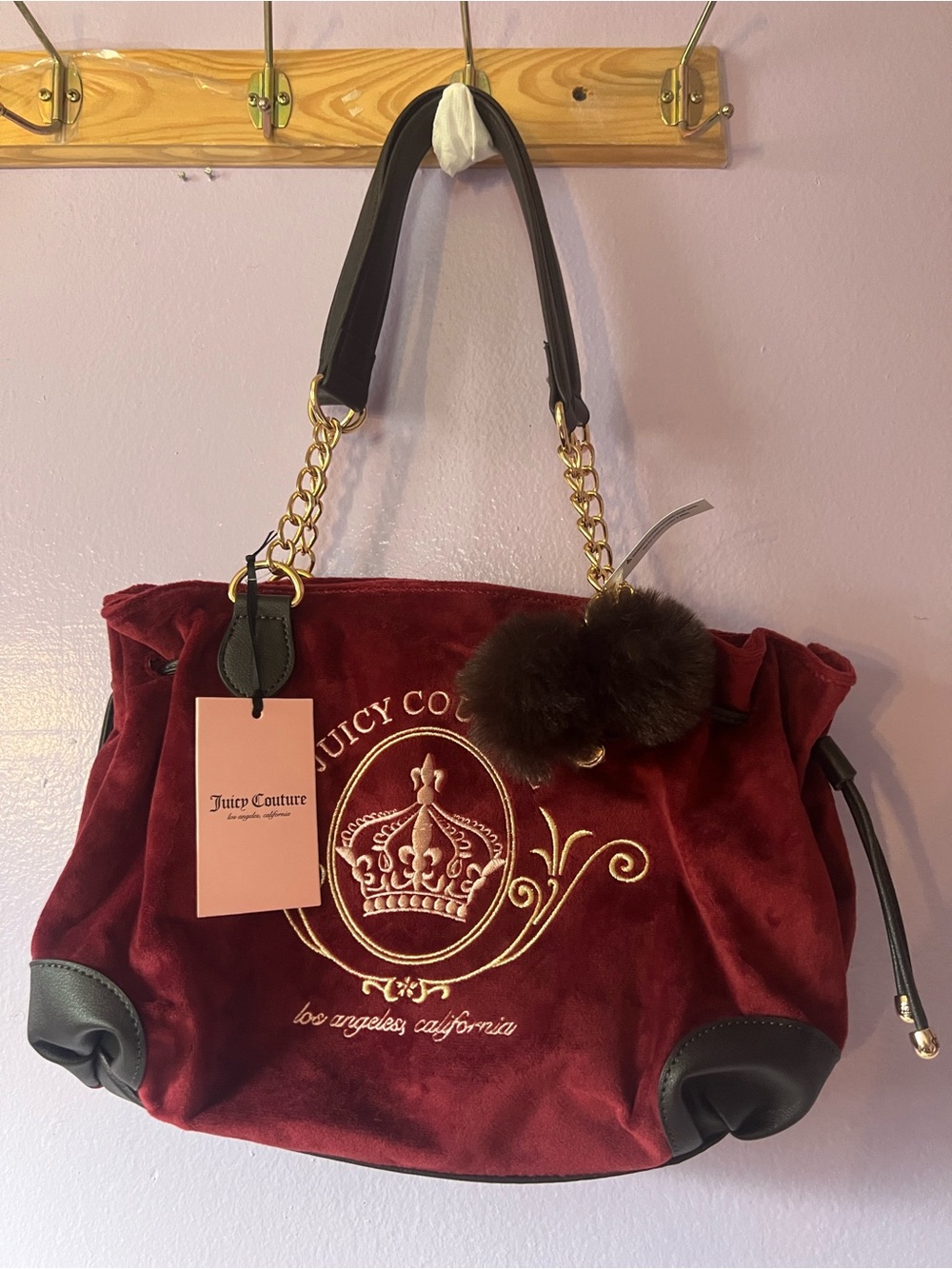 Juicy Couture Red Velvet Tote with Gold Crest and Black Trim